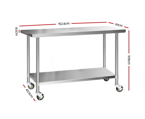 Cefito 1524x610mm Stainless Steel Kitchen Bench with Wheels 304